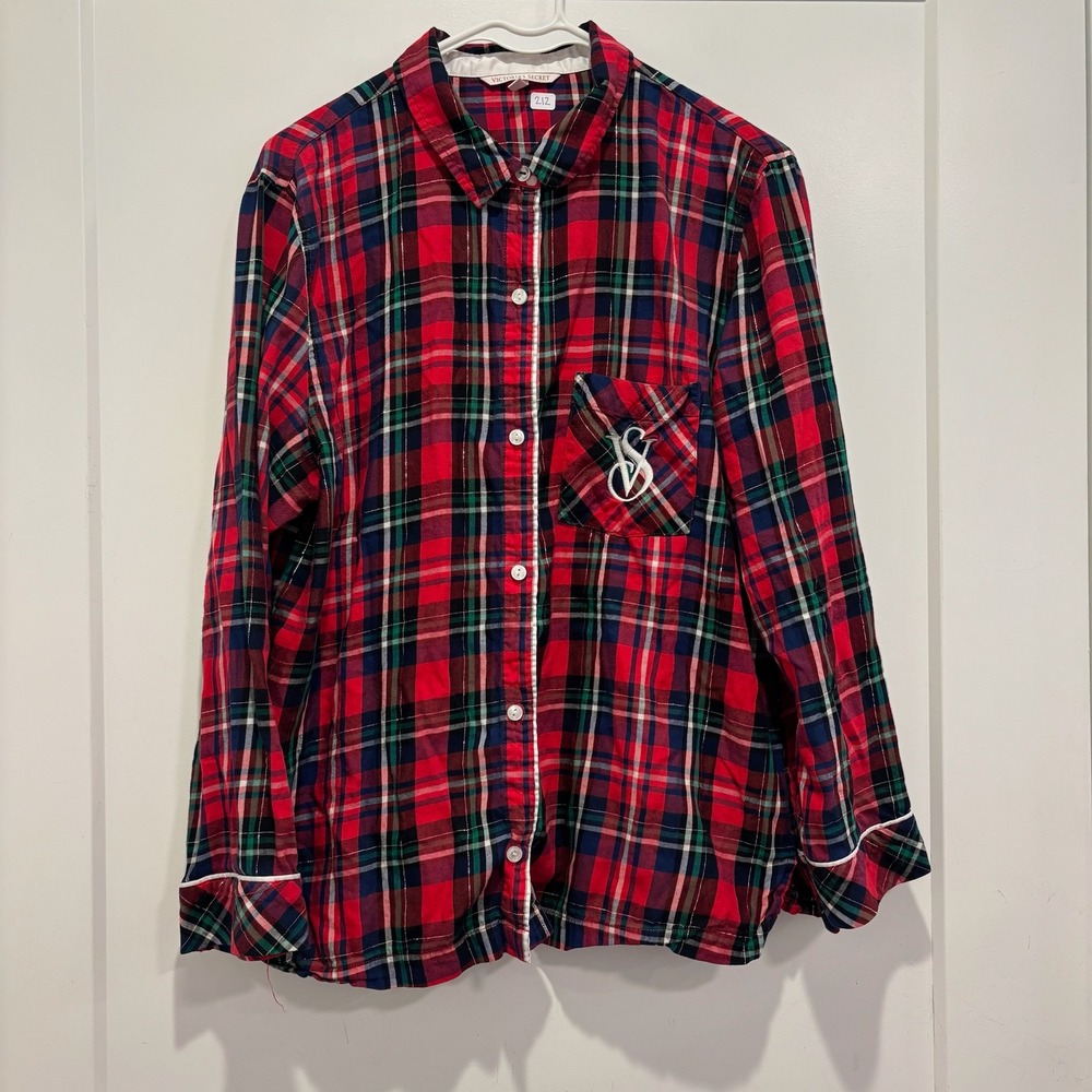 Victorias Secret Plaid‎ Pajama Top Red Green Metallic Shimmer Button Down Medium